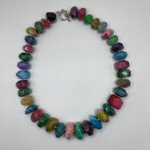 silver sterling .925‎  Beaded Necklace Multi-Color gemstones Agate toggle Clasp